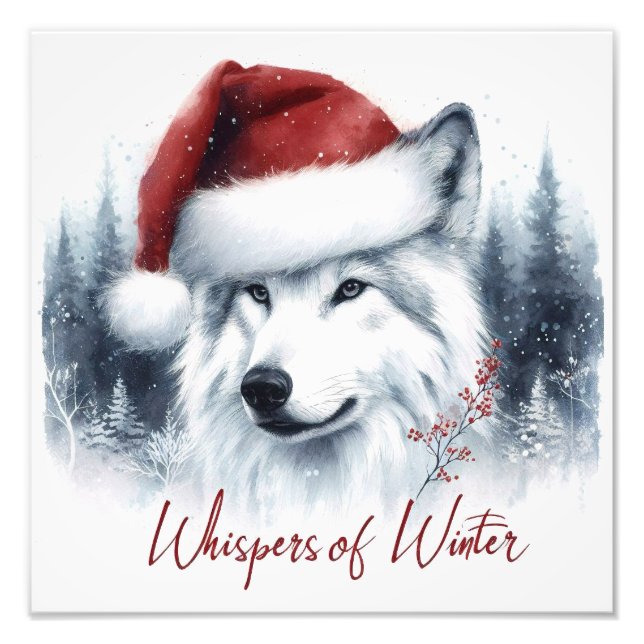 Vintervikter - Varg för vattenfärg i Santa Hat Fototryck (Framsidan)