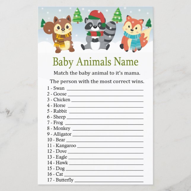 Vintervildsdjur Baby djur Namn Game (Framsida)