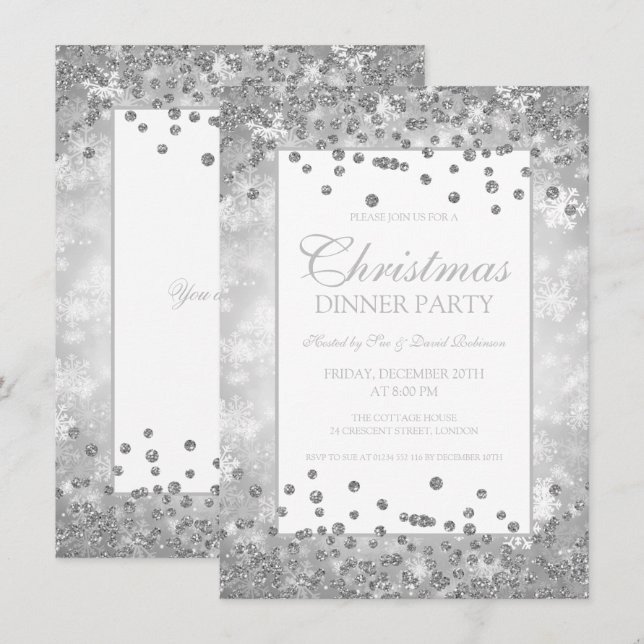  Vintervinter i Party Silver Glitter Inbjudningar (Fram/baksida)