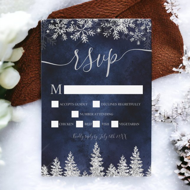 Vintervintern för marin osa i silver-gräs under ju inbjudningar (Silver snow pine navy Christmas winter rsvp Invitation)