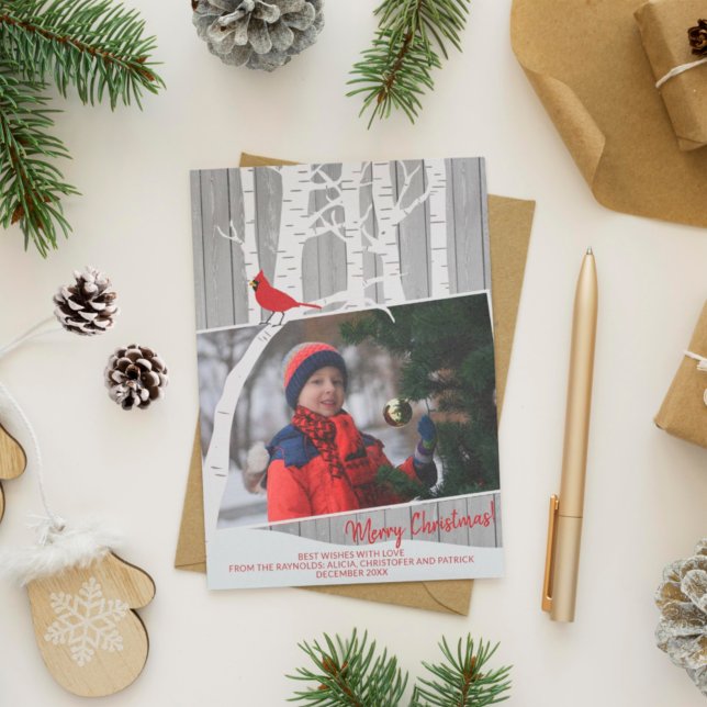 Vintervit birch träd fotorustik lingved julkort (Skapare uppladdad)