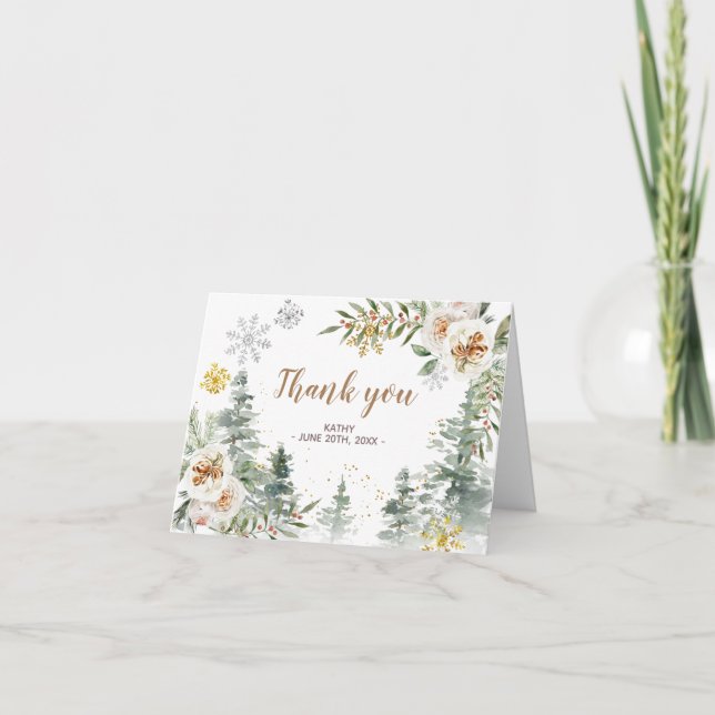 Vintervit Blommigt Baby Shower - tackkort (Framsida)