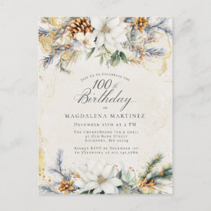 Vintervit Blommigt Greenery 100:e födelsedagen Inbjudan Vykort