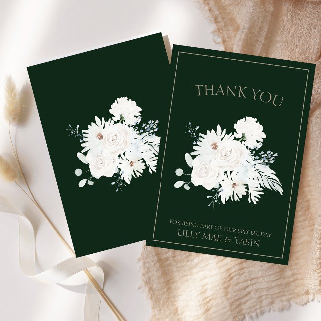 Vintervit Blommigt Grönt jul Bröllop Tack Kort (Winter White Floral Green Christmas Wedding Thank You Card)