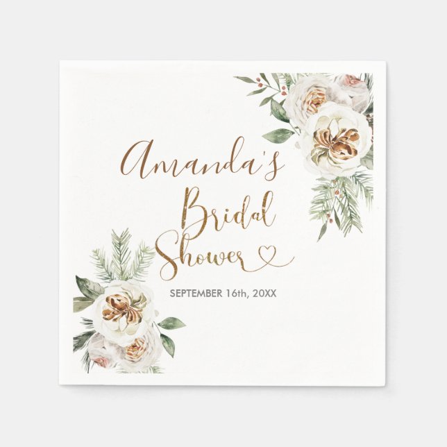 Vintervit Blommigt, jul, babydusch Napkin Pappersservett (Framsidan)