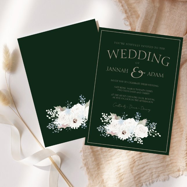 Vintervit Blommigt och Grönt jul Bröllop Inbjudningar (Winter White Floral and Green Christmas Wedding Invitation)