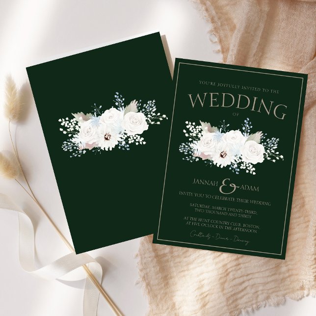 Vintervit Blommigt och Grönt jul Bröllop Inbjudningar (Winter White Floral and Green Christmas Wedding Invitation)