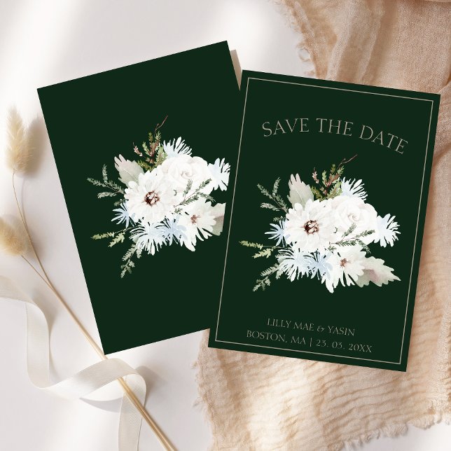 Vintervit Blommigt och Grönt jul Bröllop Spara Datumet (Winter White Floral and Green Christmas Wedding Save The Date)