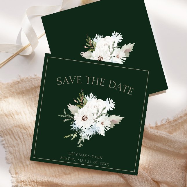 Vintervit Blommigt och Grönt jul Bröllop Spara Datumet (Winter White Floral and Green Christmas Wedding Save The Date)