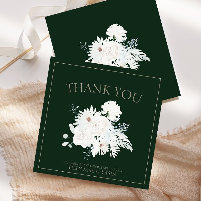 Vintervit Blommigt och Grönt jul Bröllop Tack Kort (Winter White Floral and Green Christmas Wedding Thank You Card)