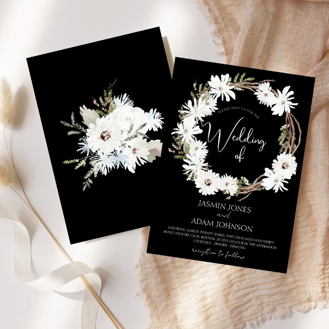 Vintervit Blommigt Svarta julfransen Bröllop Inbjudningar (Winter White Floral Black Christmas Wreath Wedding Invitation)