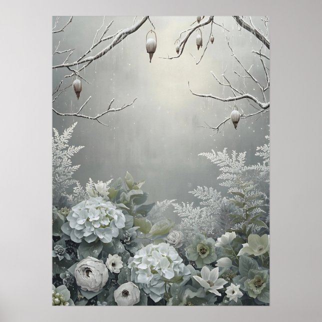 Vintervit Hydrangea Blommig Konst Mittbord Poster (Framsidan)