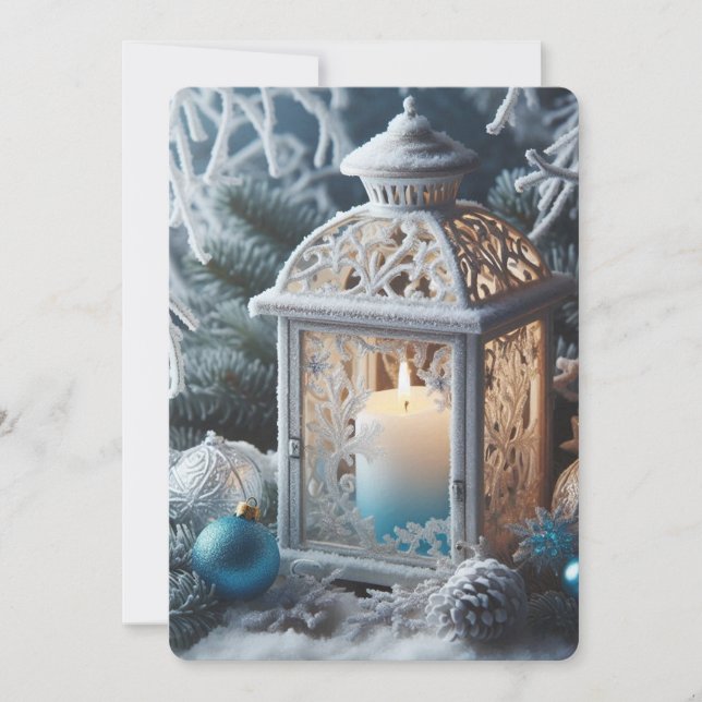 Vintervit och blå frostad lykta julkort (Framsida)