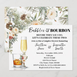 Vintervita blommor Bubblor & Bourbon Bröllopsdusch Inbjudningar
