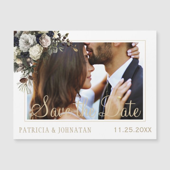 Vintervita peonier elegant bröllop sparar datumet (Framsida)