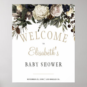 Vintervita peoniska chicens välkomstskylt för baby poster