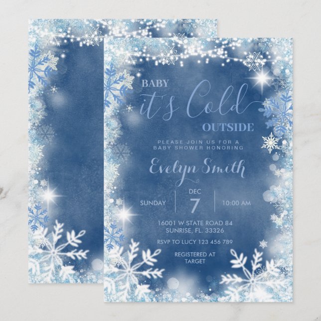Vintervitt blått Kall utanför Snöflingor Inbjudningar (Fram/baksida)
