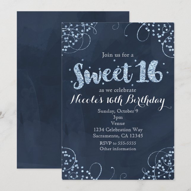 Vintervonderland Blå Sweet 16-festinvitationer Inbjudningar (Fram/baksida)
