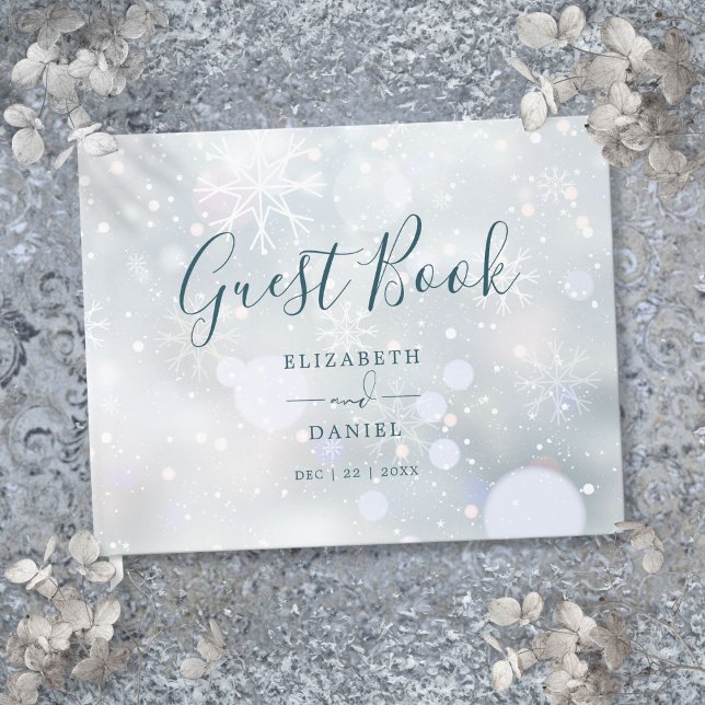 Vintervonderland Elegant Skript Snö Bröllop Gästböcker (Winter Wonderland Elegant Script Snow Wedding Guest Book)