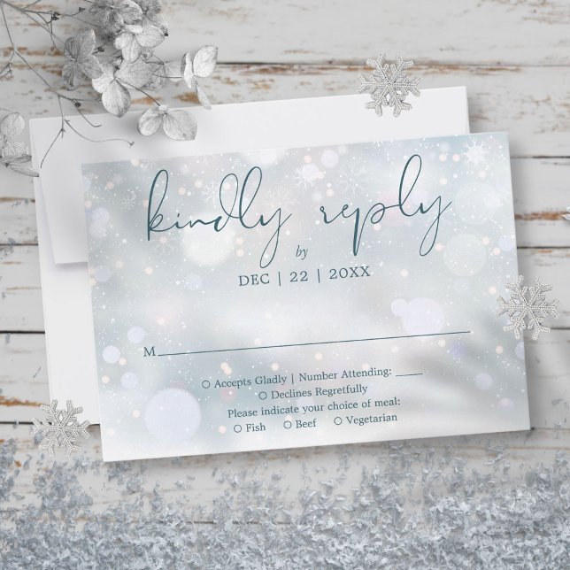 Vintervonderland Elegant Skript Snöbröllop OSA Kort (Winter Wonderland Elegant Script Snow Wedding RSVP Card)