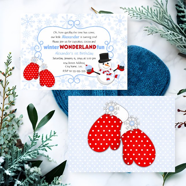 Vintervonderland Födelsedagsinbjudan Inbjudningar (Winter wonderland birthday party invitation, in blue and red, front and back view.)