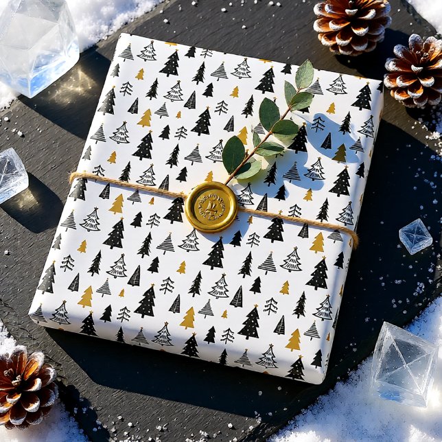 Vintervonderland Jul Presentpapper (Modern Scandinavian Black Gold Christmas Tree Wrapping Paper)