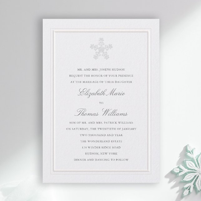 Vintervonderland Modern Klassisk Formell Bröllop Inbjudningar (winter wedding invitation formal modern classic snowflake snow frost wonderland elegant frame)