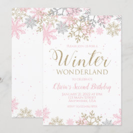 Vintervonderland Rosa Guld Snöflinga Födelsedag Inbjudningar