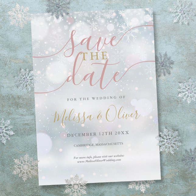 Vintervonderland Rosa Och Guld Spara Datumet (Winter Wonderland Pink And Gold Save The Date)
