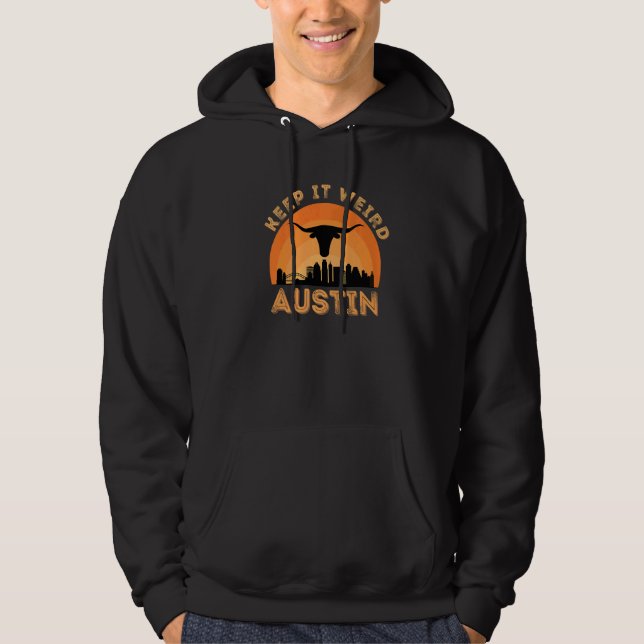 Vintge Austin Texas Keep It Weird Longhorn Sunset Hoodie (Framsida)