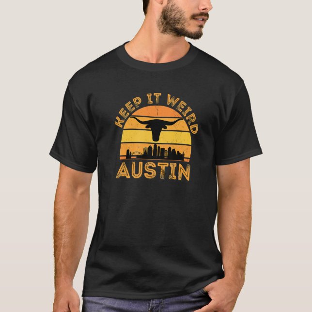 Vintge Austin Texas Keep It Weird Longhorn Sunset T Shirt (Framsida)