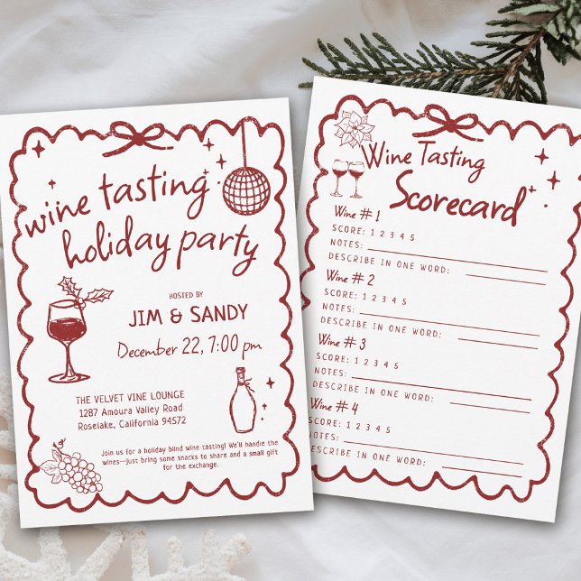 Vinthöstfest Firande Handritad Whimsical Inbjudningar (wine tasting holiday party drinks hand drawn winery game charcuterie friendsmas blind santa)