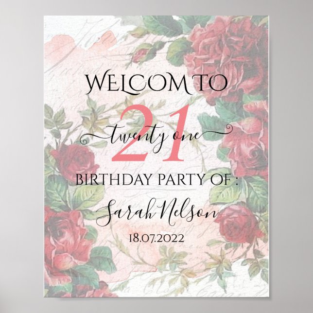 Vinttage Röd ros 21 Birthday Poster (Framsidan)