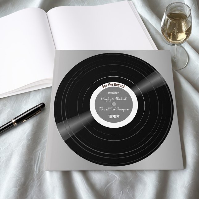 Vinyl Record Black and White Bröllop Guest Bok (Personalized vinyl record square wedding guestbook.)