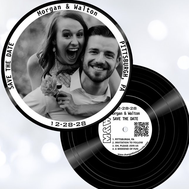 Vinyl Record Monogram Photo - White Spara Datumet (Vinyl record style save the date with your photo, monogram, wedding website and QR code.)