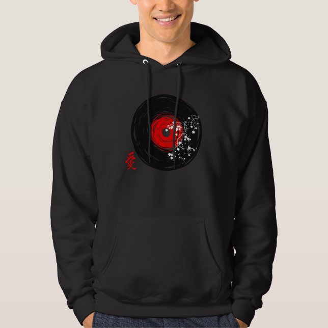 Vinyl Record Retro Grunge med Sakura-Blommar Hoodie (Framsida)