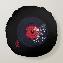 Vinyl Record Retro Grunge med Sakura-Blommar Rund Kudde