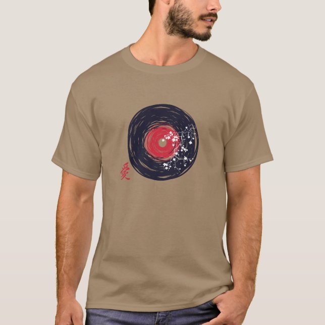 Vinyl Record Retro Grunge med Sakura-Blommar T Shirt (Framsida)