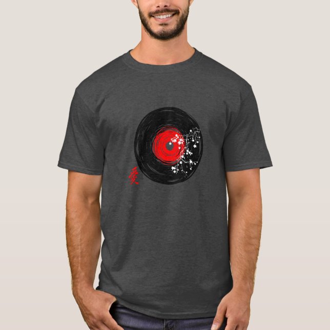 Vinyl Record Retro Grunge med Sakura-Blommar T Shirt (Framsida)