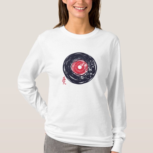 Vinyl Record Retro Grunge med Sakura-Blommar T Shirt (Framsida)