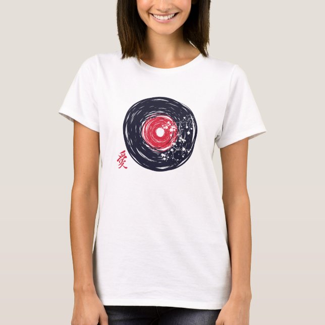 Vinyl Record Retro Grunge med Sakura-Blommar T Shirt (Framsida)