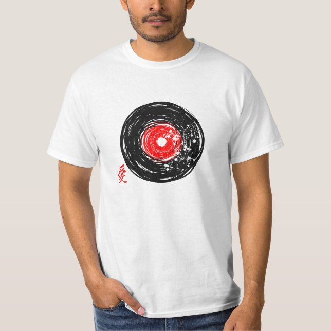 Vinyl Record Retro Grunge med Sakura-Blommar T Shirt (Framsida)