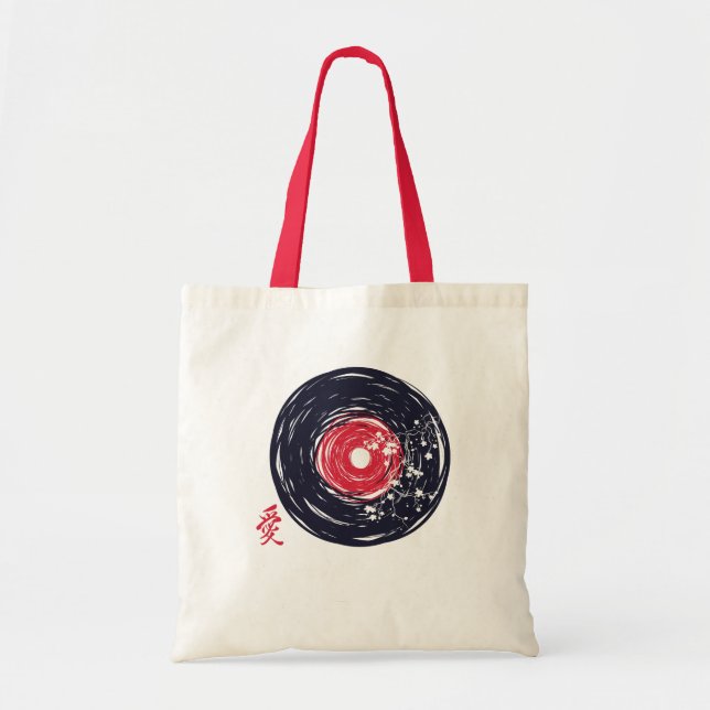 Vinyl Record Retro Grunge med Sakura-Blommar Tygkasse (Framsidan)