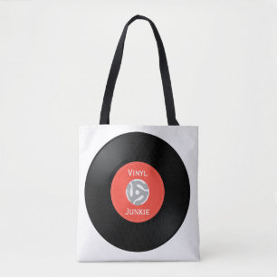 Vinylpost, en 45 varv per minut, ritad totetikett tygkasse