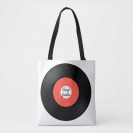 Vinylpost, en 45 varv per minut, ritad totetikett tygkasse