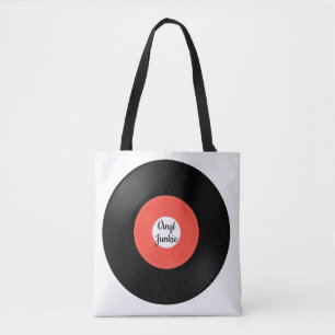 Vinylpost, en 45 varv per minut, ritad totetikett tygkasse