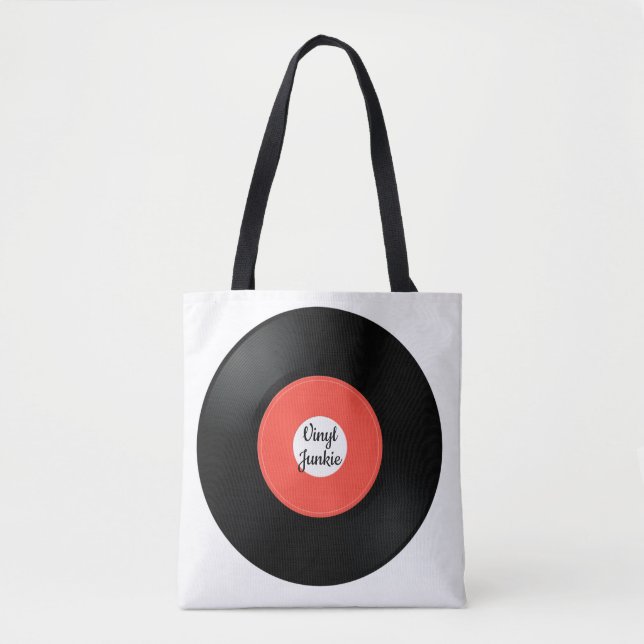 Vinylpost, en 45 varv per minut, ritad totetikett tygkasse (Framsida)