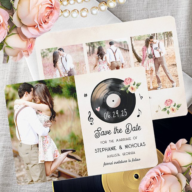 Vinylpost Spara datum för Blommigt med vattenfärg Spara Datumet (Gorgeous vinyl record save the date wedding photo cards with floral accents and a vintage aesthetic.)