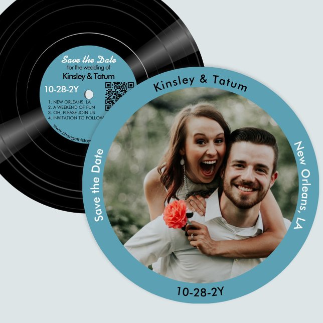 Vinylpostfotot Spara datum Retro Blue Datumet (Vintage Vinyl Record Photo Save the Date in Vintage Blue)