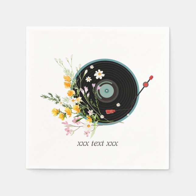 Vinylskiva, gammaldags lantlig musik, blommor, pappersservett (Framsidan)